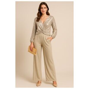 Sequin Wrap Top in Gold and pants size small